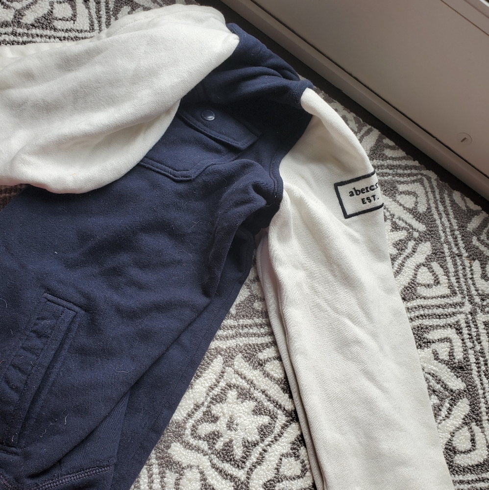Abercrombie hoodie, navy blue, white sleeve. Chest Measures 20 In, Length 25 In.